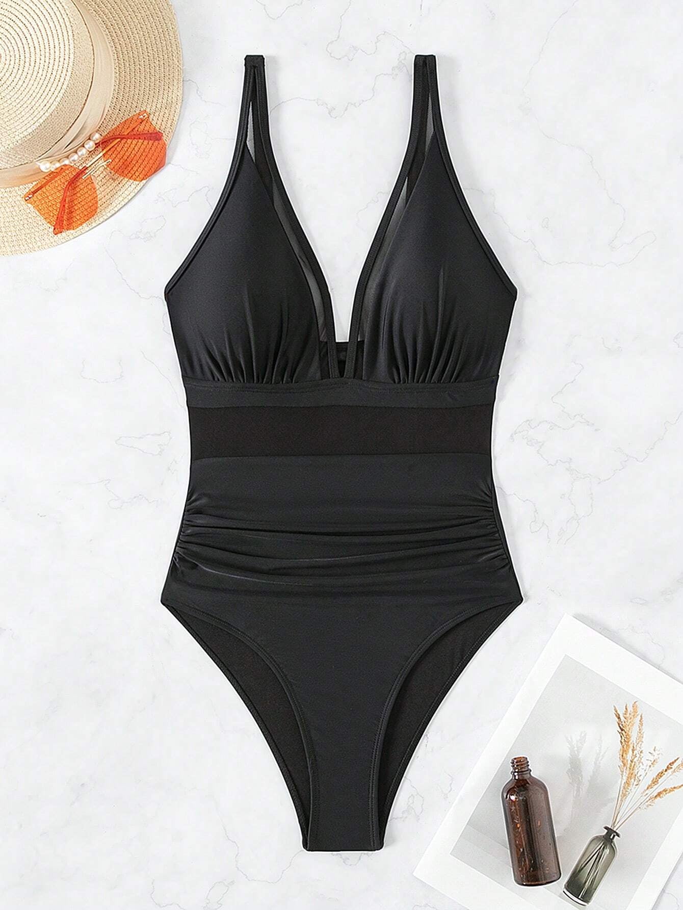 Swim Basics Summer Beach One Piece Mesh Contrast Swimsuit