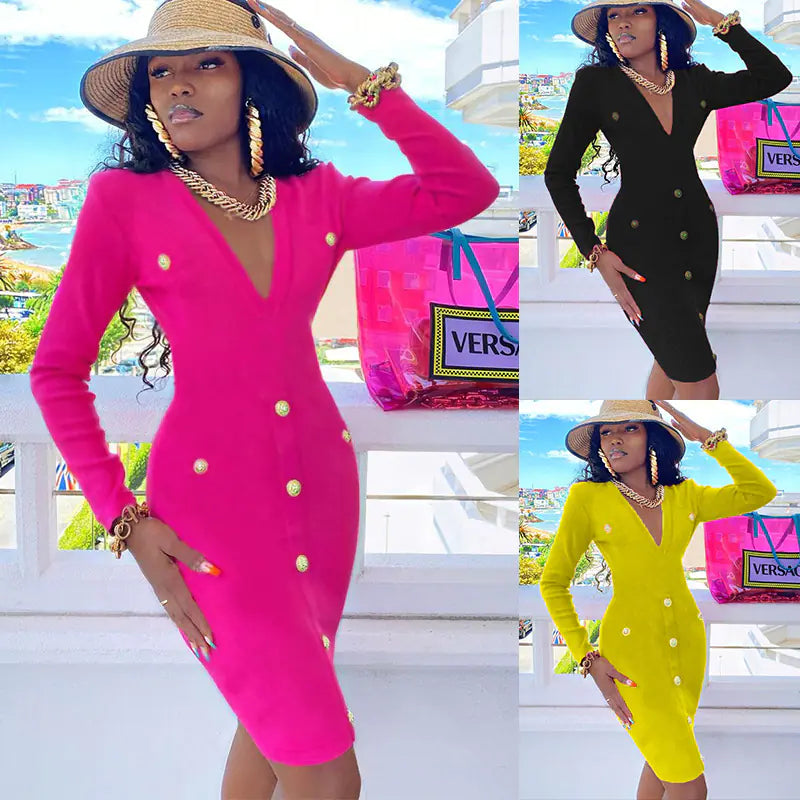 Slimming V-neck Long Sleeve Women's Bottoming Skirt